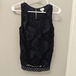 Navy Blue Sleeveless Lace-Front Blouse